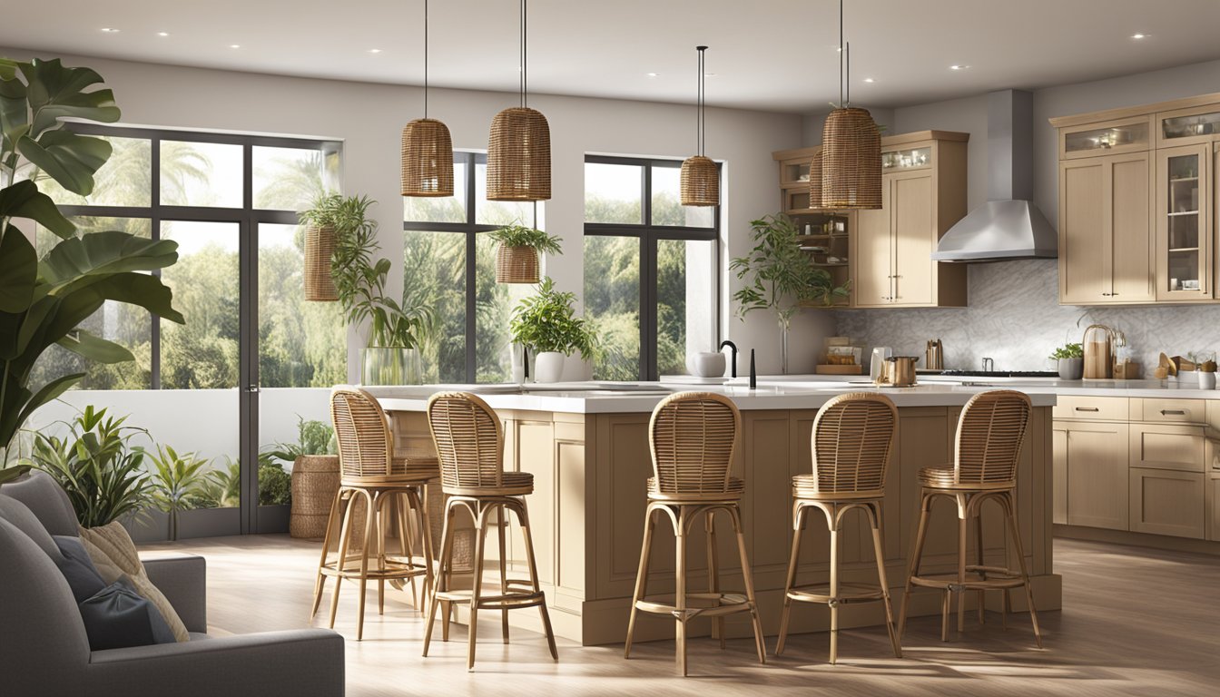 A room with natural lighting, showcasing a set of rattan bar stools arranged around a high kitchen counter