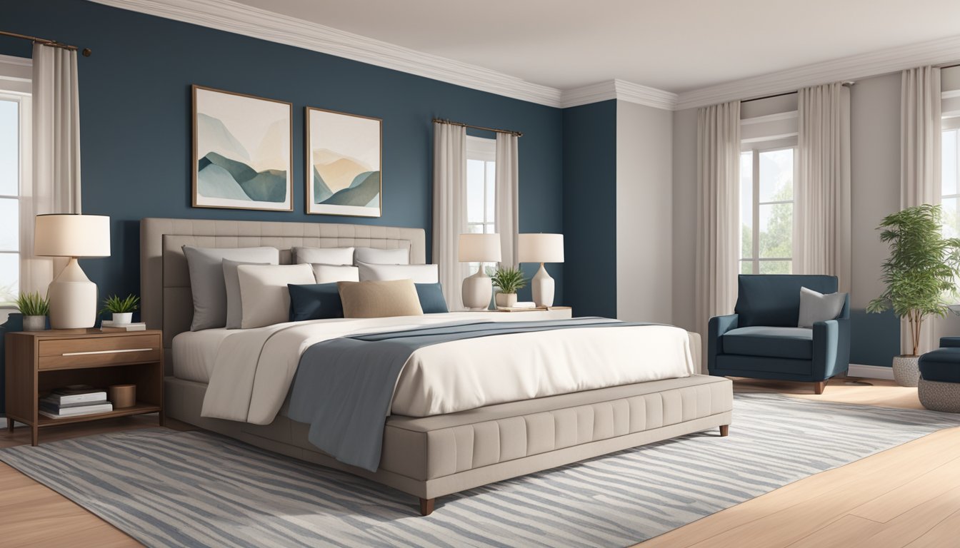 A spacious, well-lit master bedroom with modern furniture and a cozy color scheme. A large, comfortable bed is the focal point, with stylish nightstands and a luxurious rug