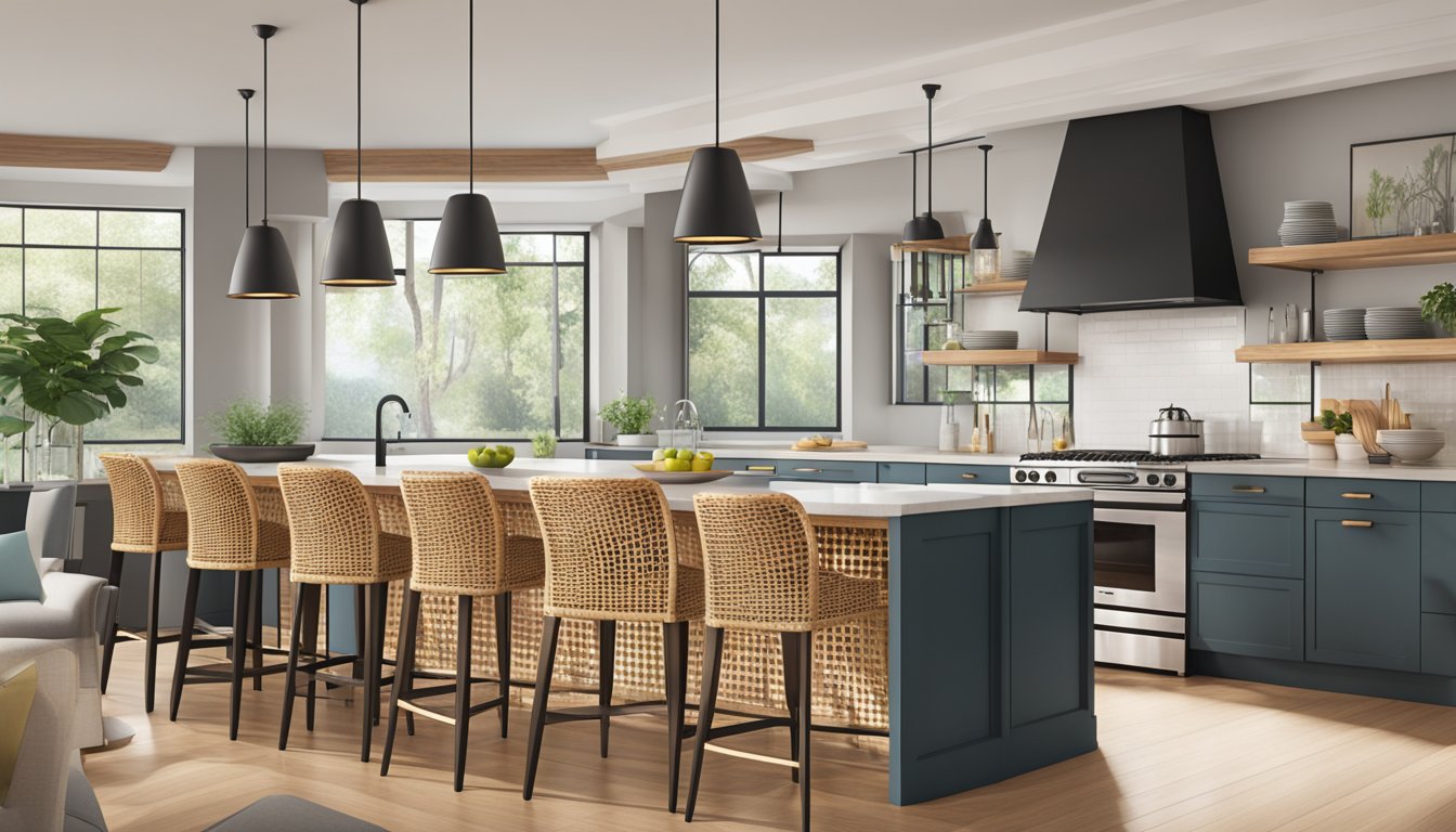 A cozy, modern kitchen with rattan bar stools, sleek countertops, and hanging pendant lights