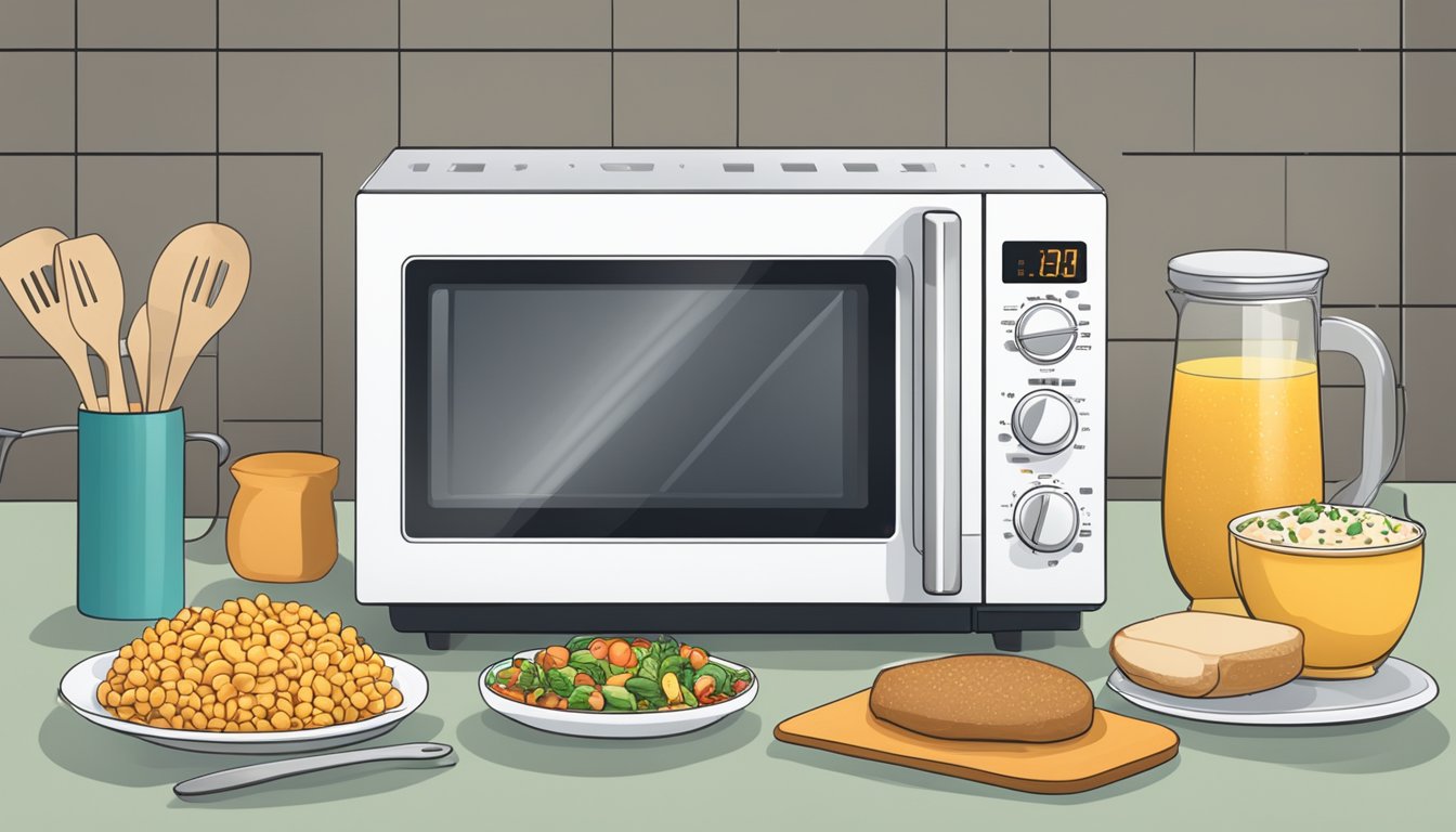 A large convection microwave with FAQ displayed on screen, surrounded by various food items and utensils
