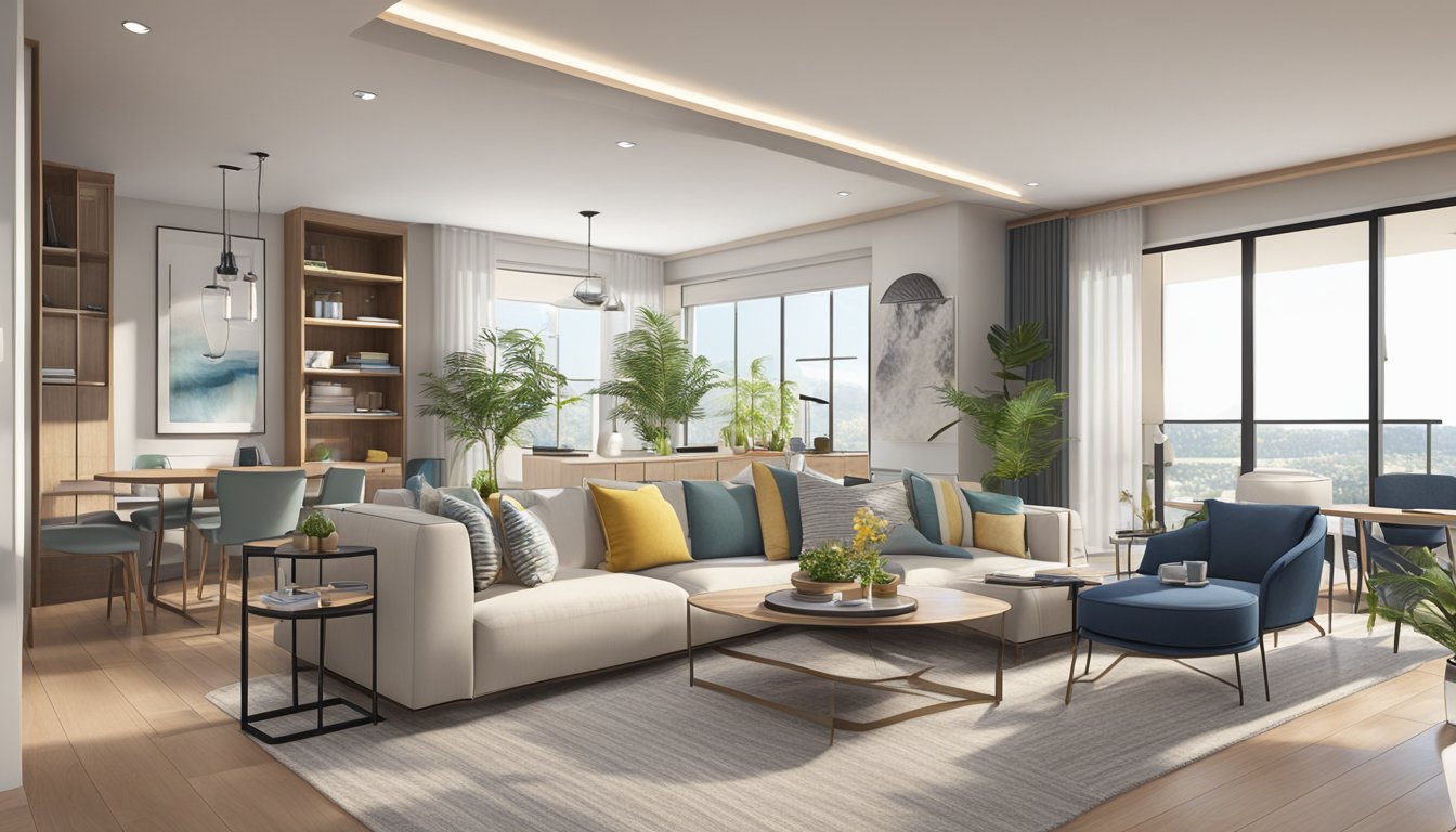 A cozy, modern condo with sleek furniture and clever storage solutions. Bright, natural light floods the space, highlighting the seamless blend of style and functionality