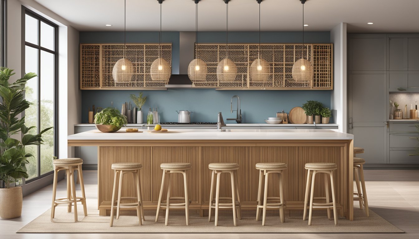 A group of rattan bar stools arranged neatly in a modern kitchen setting, with a sleek countertop and pendant lights hanging above