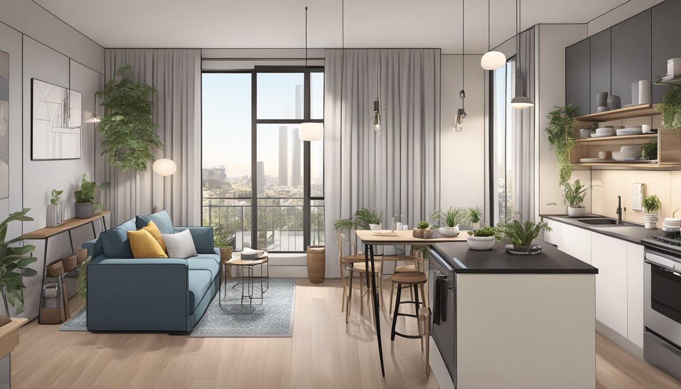 A cozy, modern condo with space-saving furniture, clever storage solutions, and stylish decor. Open floor plan with a functional kitchen, multifunctional living area, and a compact yet inviting bedroom