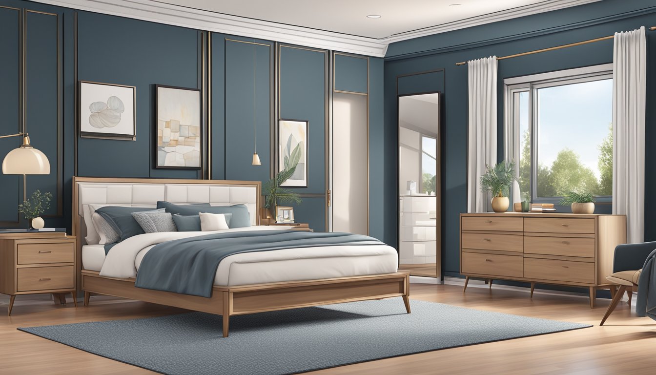 A cozy bedroom with a matching set of furniture, including a bed, nightstand, dresser, and wardrobe, all in a modern and sleek design