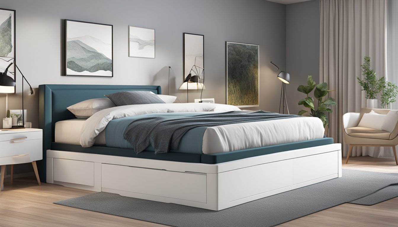 A hydraulic storage bed in a modern bedroom, with sleek design and functional compartments