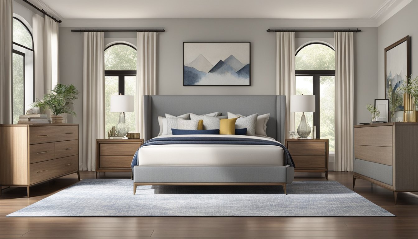 A variety of queen bed styles and materials are displayed for sale, including metal, wood, and upholstered options. The beds are arranged in a spacious showroom with ample natural light