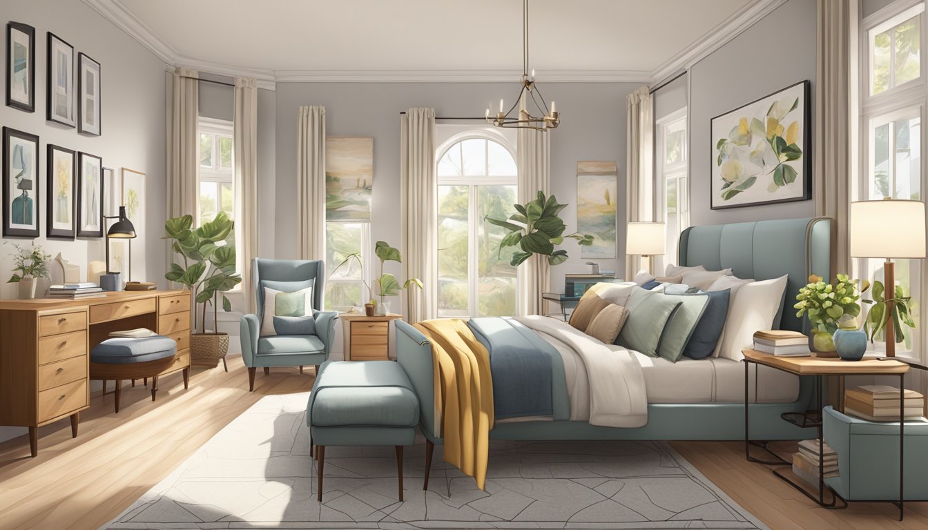 A bedroom with a variety of furniture collections, including a bed, nightstands, dressers, and a cozy armchair. The room is well-lit with natural light, and the furniture is arranged in an inviting and stylish manner