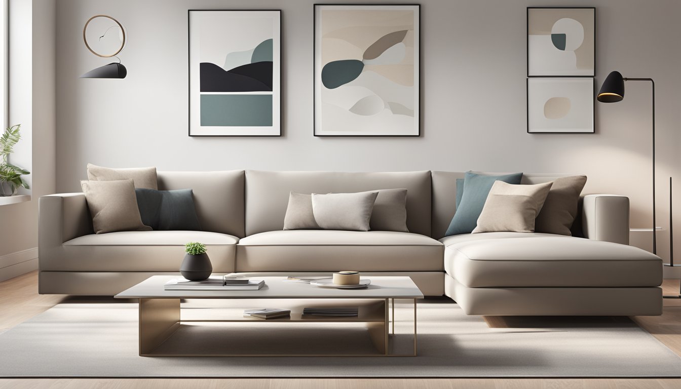 A modern living room with a sleek, rectangular coffee table with hidden storage compartments. Clean lines, minimalistic design, and a neutral color palette