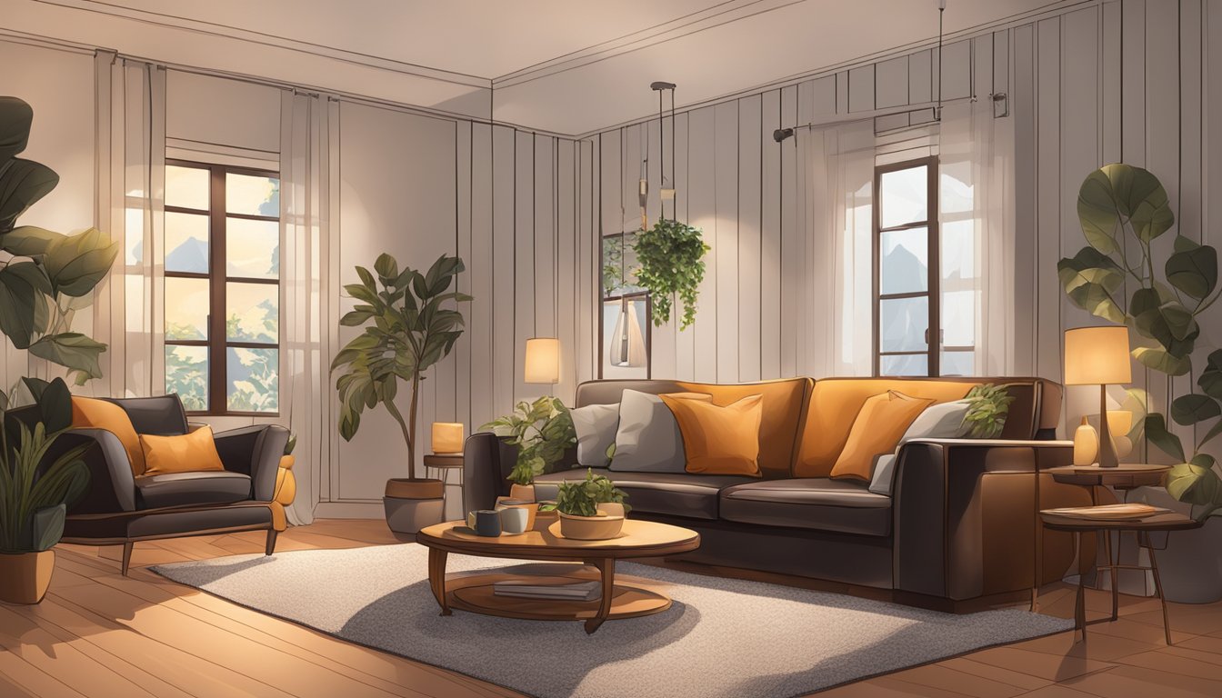 A cozy living room with a sleek leather sofa as the focal point, surrounded by warm lighting and stylish decor