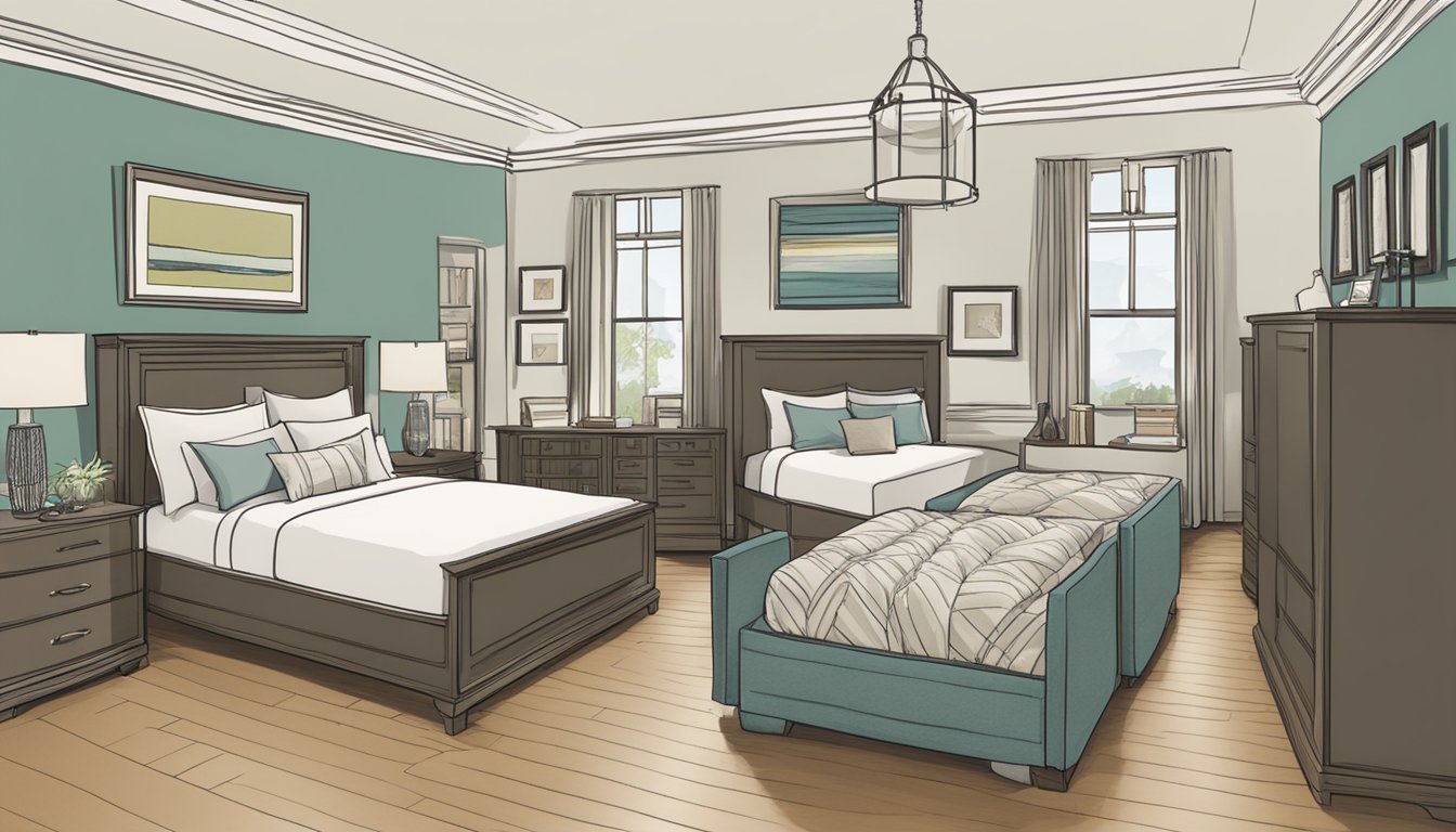 A room with neatly arranged queen beds, labeled "For Sale." Customers browsing and asking questions to a salesperson