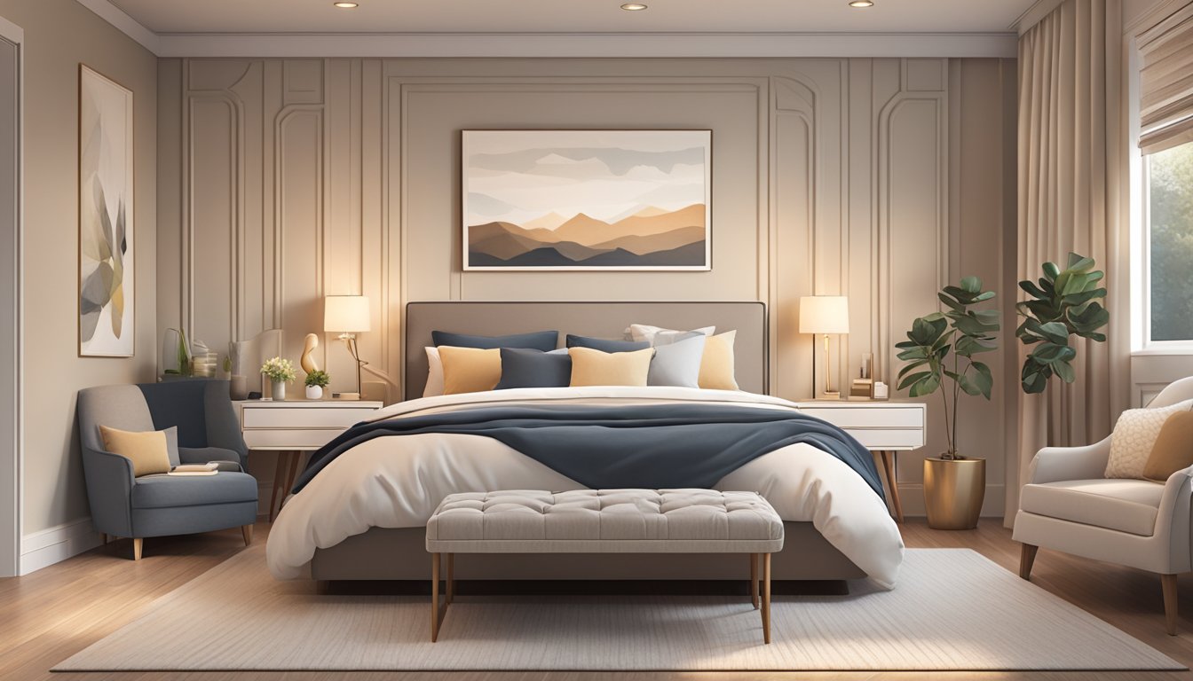 A cozy bedroom with a plush bed, matching nightstands, and a comfortable armchair. Soft, neutral colors and warm lighting create a soothing atmosphere