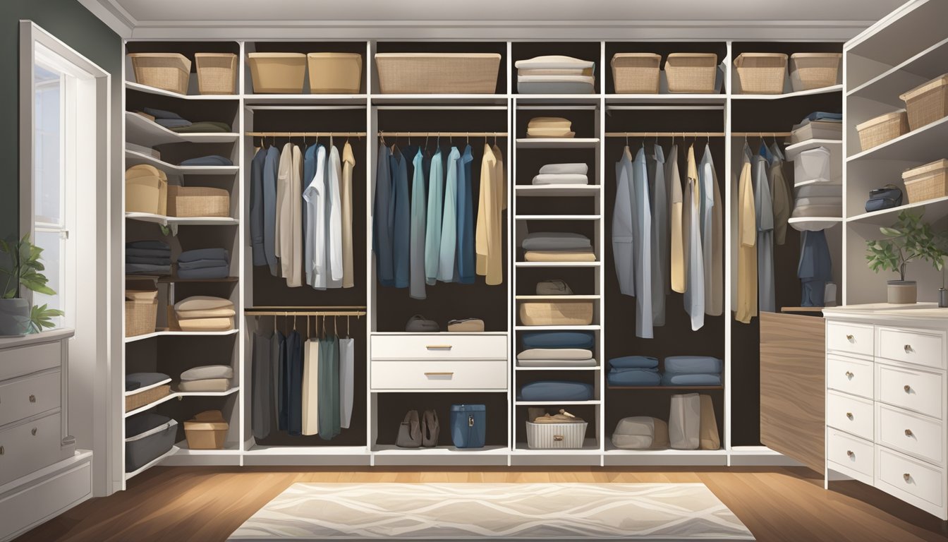 Closet doors swing open, revealing organized shelves and hanging space