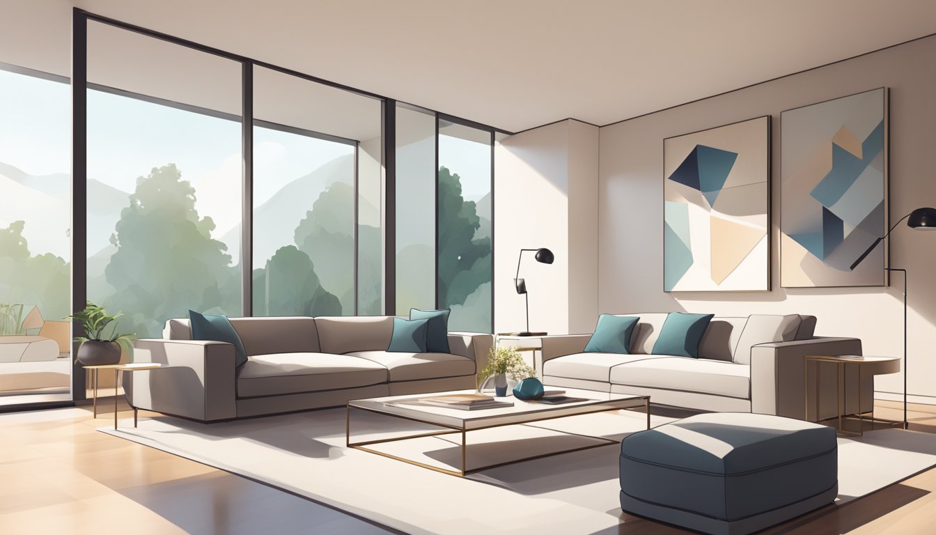 A modern living room with a sleek sofa, geometric coffee table, and abstract art on the walls. Natural light floods in through large windows, highlighting the clean lines and minimalist aesthetic