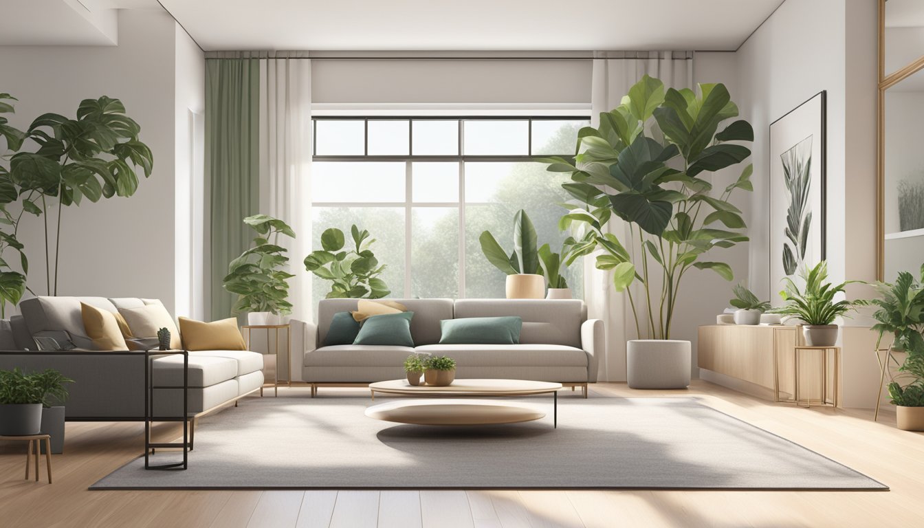 A modern living room with a minimalist color palette, sleek furniture, and large windows letting in natural light. A statement piece of art hangs on the wall, and potted plants add a touch of greenery