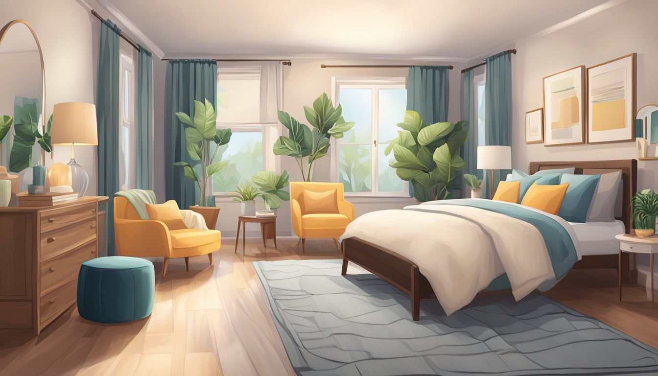 A cozy bedroom with a variety of furniture collections neatly arranged, including a bed, nightstands, dressers, and a comfortable seating area