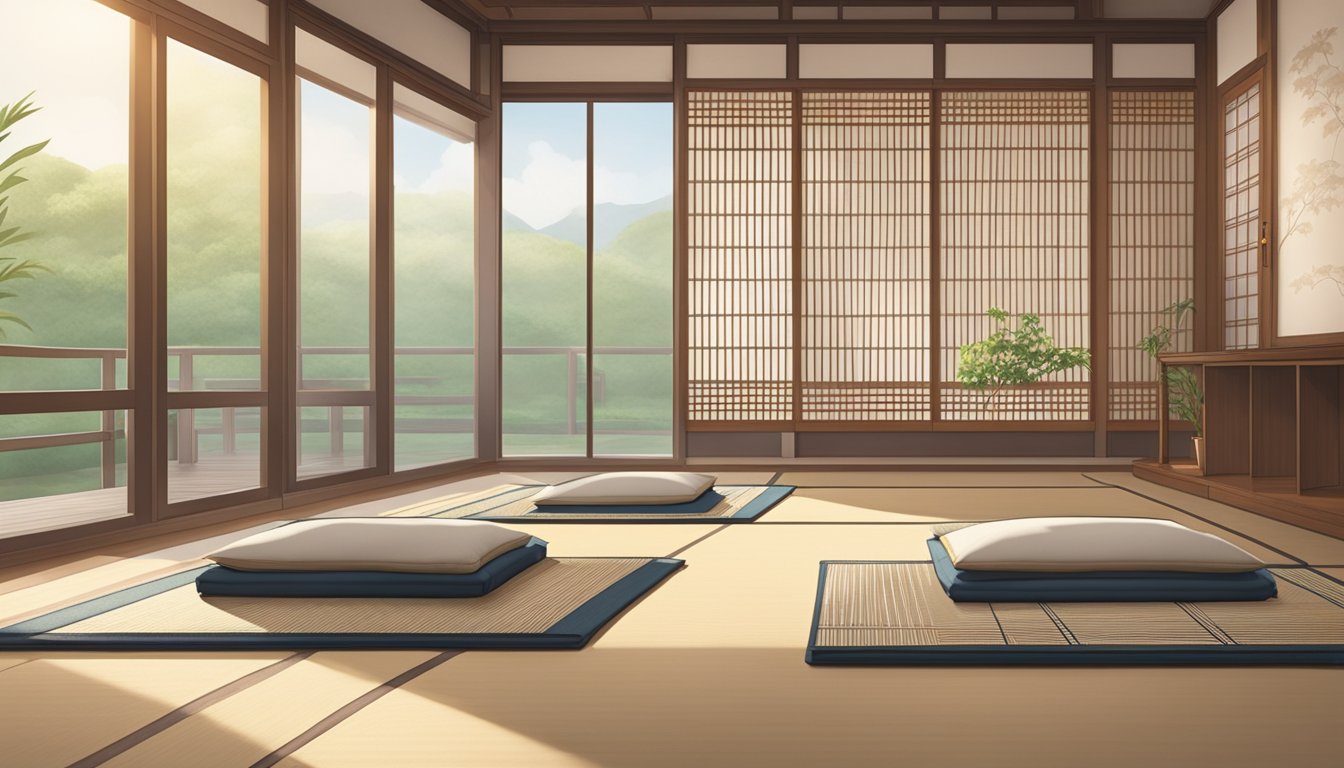 A pair of traditional tatami mats in a serene Singaporean room, adorned with delicate patterns and bathed in soft natural light