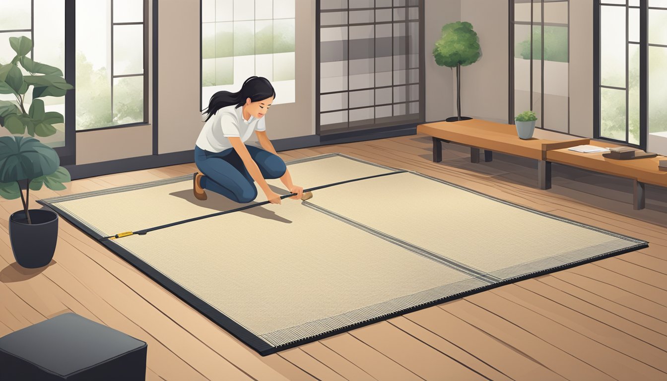 A person measures a room, comparing various tatami mat sizes and styles in a showroom