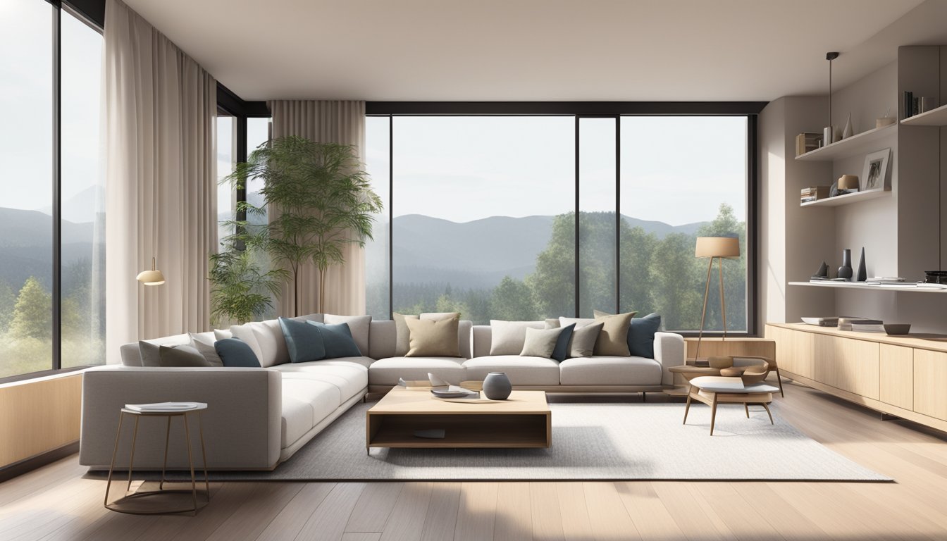 A sleek, minimalist living room with clean lines, neutral colors, and natural materials. Large windows let in plenty of natural light, showcasing the simple yet elegant furnishings and decor