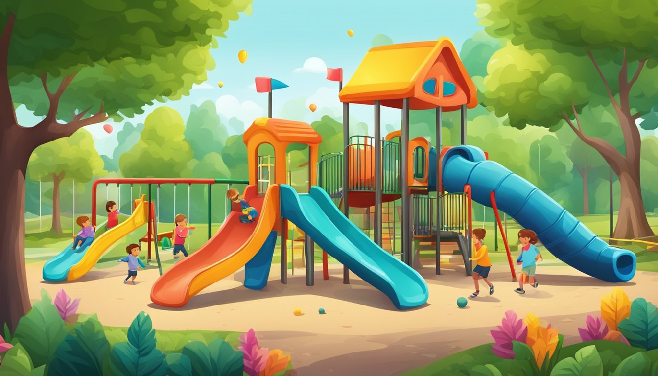 A colorful playground with slides and swings, surrounded by lush green trees and happy children playing