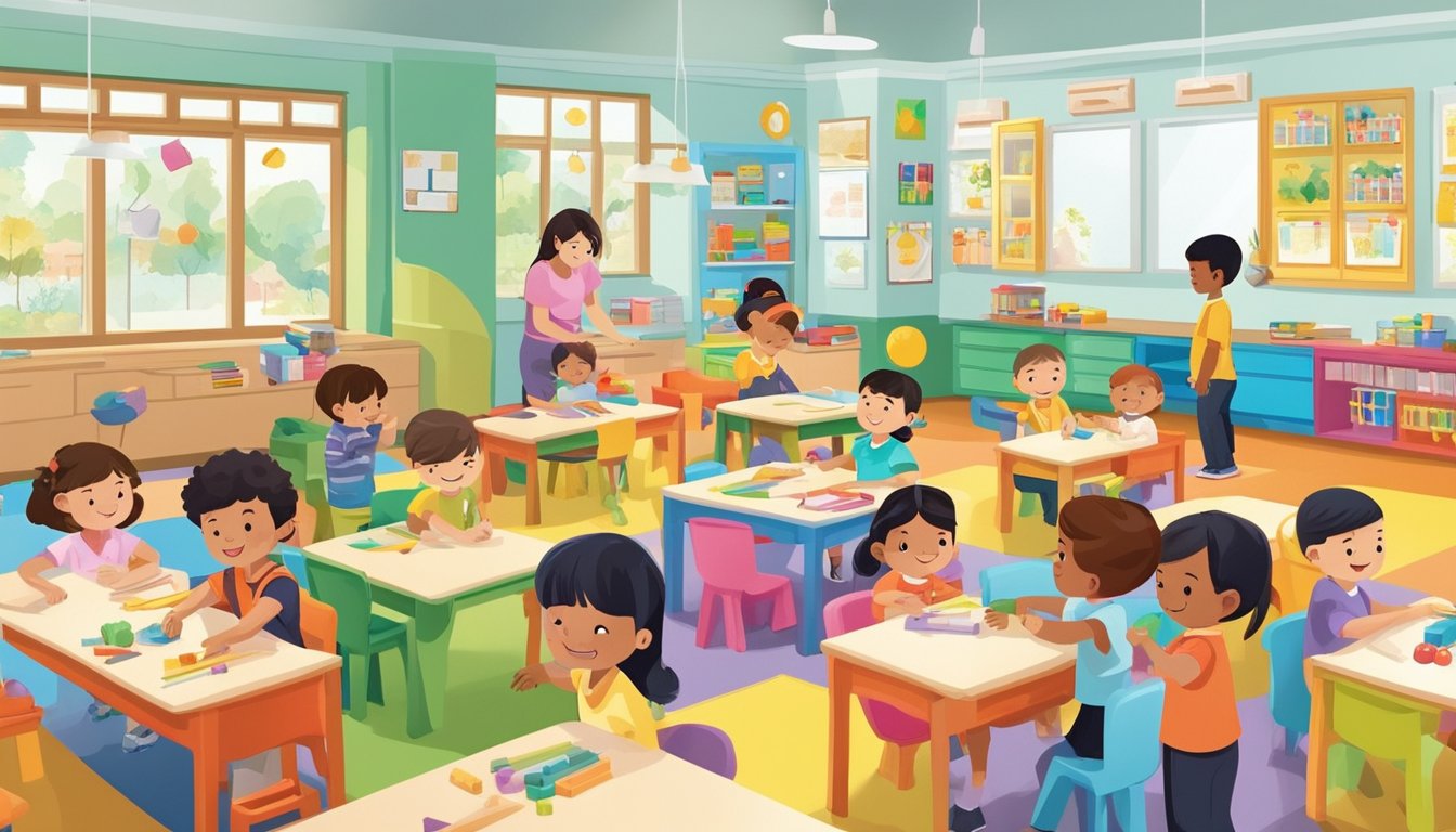 A diverse group of children engage in hands-on learning activities at a modern and vibrant preschool in Singapore. The classroom is filled with colorful educational materials and interactive tools, creating a stimulating environment for young minds to thrive