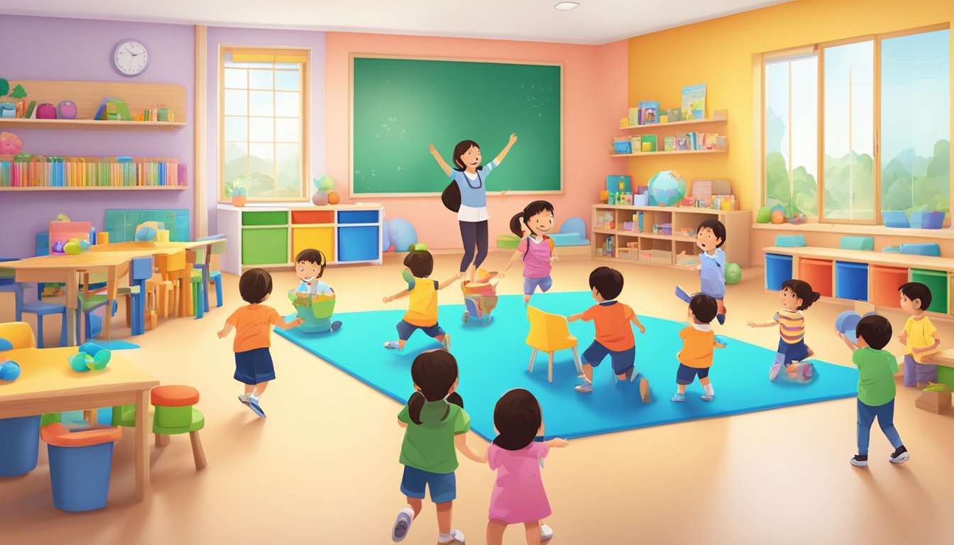 Children playing in a colorful and spacious classroom with engaging educational materials and enthusiastic teachers at the best preschool in Singapore