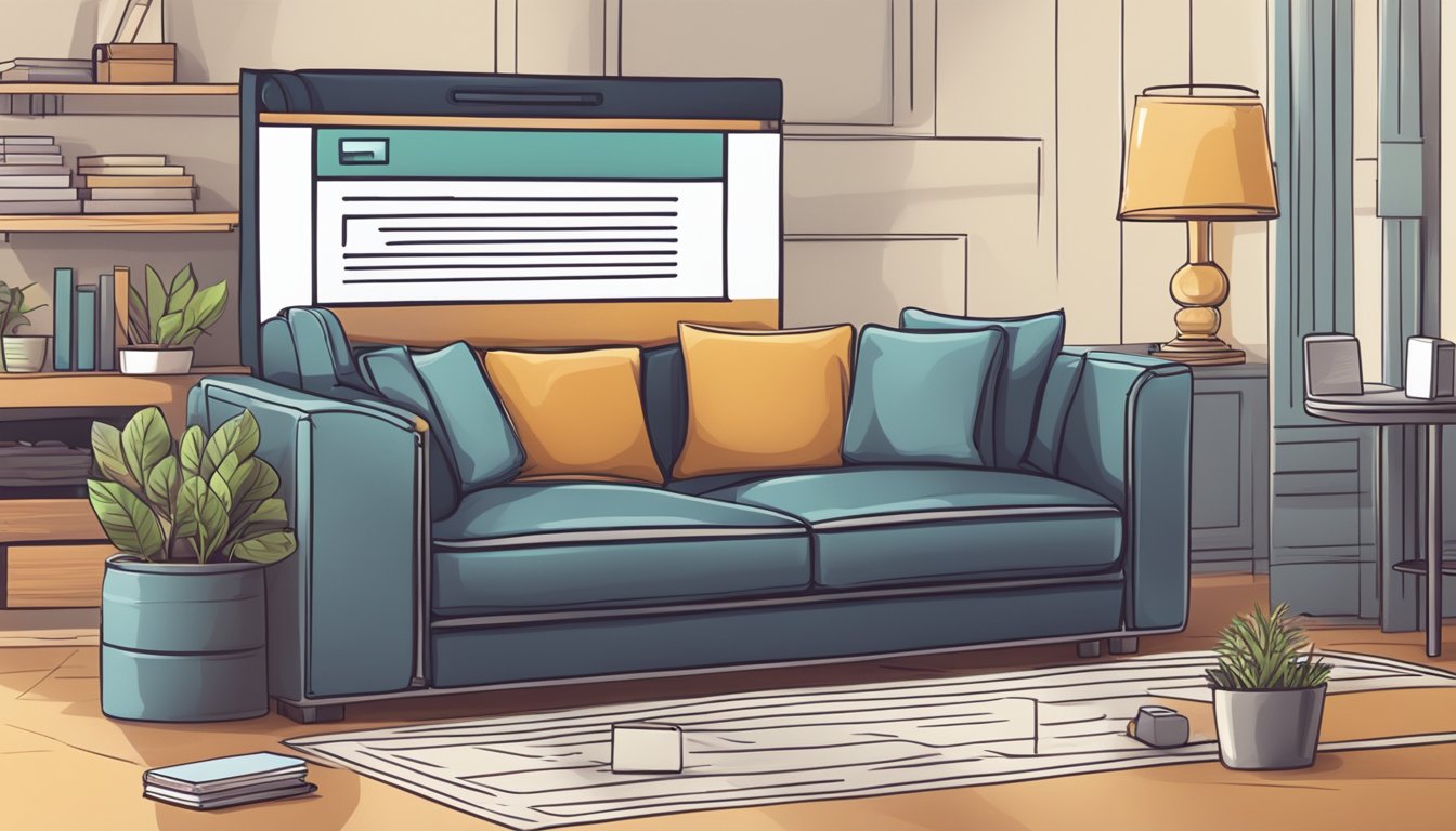 A laptop displaying a website with the title "Frequently Asked Questions buy leather sofa online" surrounded by various leather sofa designs and a secure payment icon