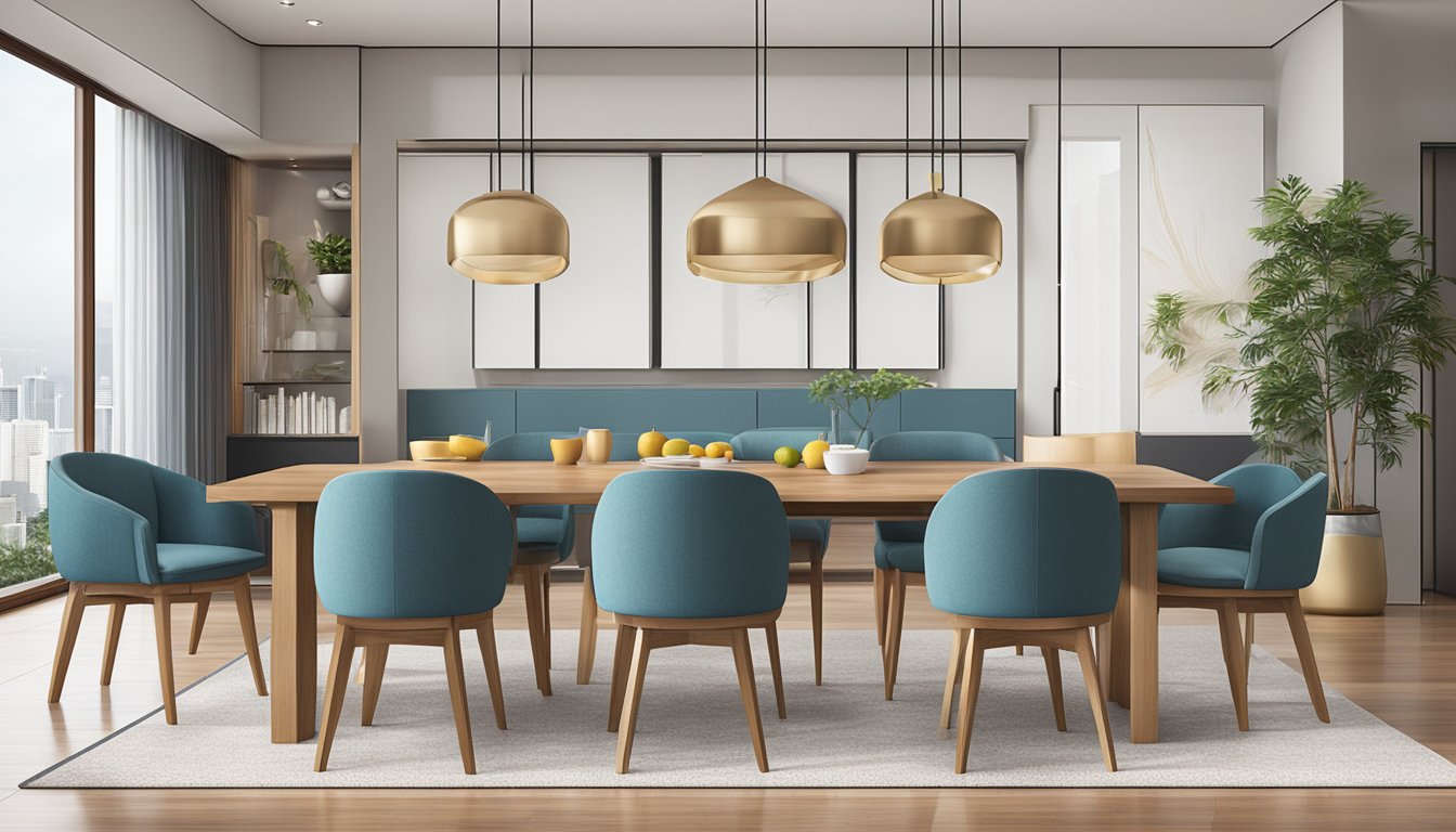 Wooden dining chairs arranged around a sleek table in a modern Singaporean dining room