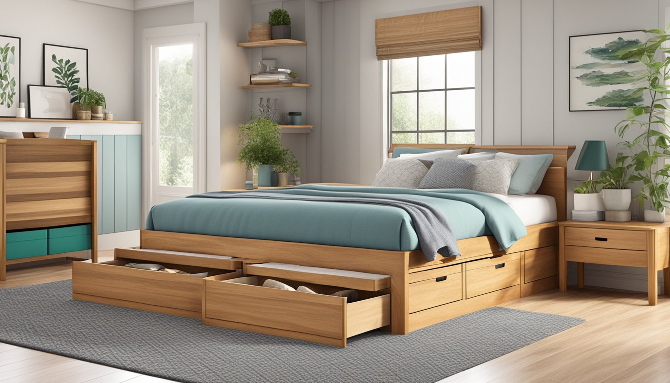 Wooden bed frames with built-in storage drawers underneath