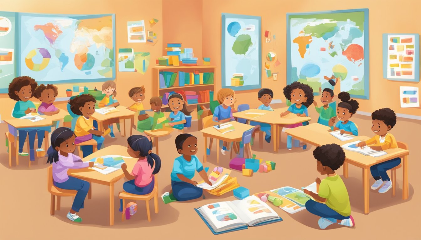 Children engage in language activities, surrounded by colorful learning materials and interactive tools. The teacher guides them in language development exercises