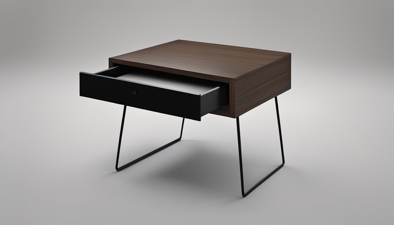 A bedside table with a single drawer, adorned with a sleek and modern design. The table is made of dark wood, with clean lines and a minimalist aesthetic