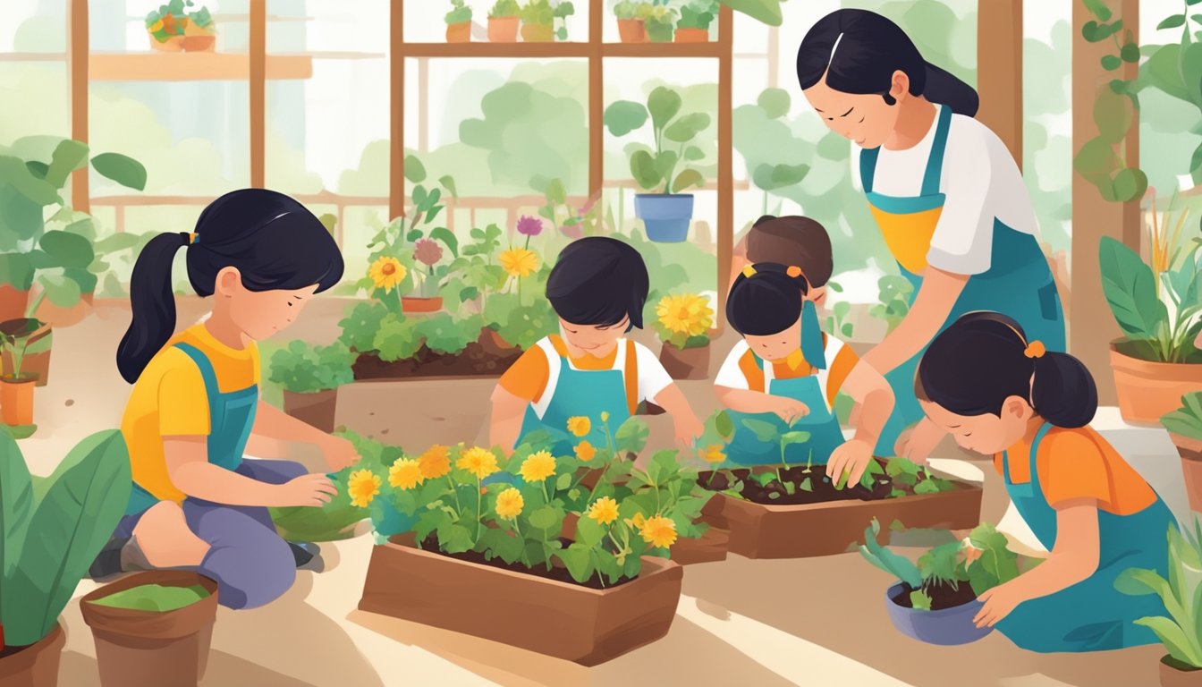 Children engaged in hands-on activities like gardening, art, and music at a vibrant preschool in Singapore, surrounded by a diverse and stimulating environment