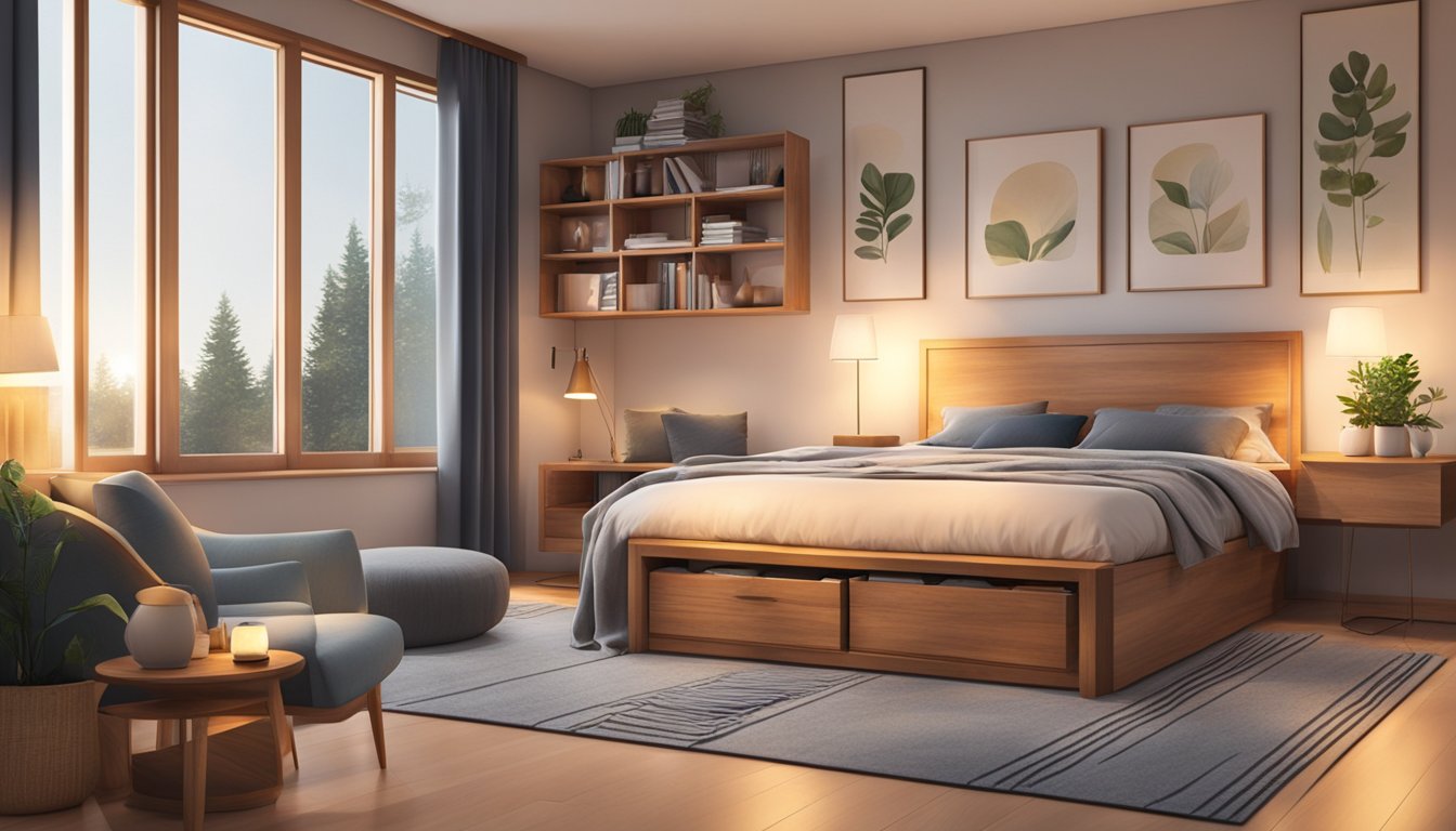 A cozy bedroom with a wooden bed frame featuring built-in storage compartments. Warm lighting and soft textiles add to the inviting atmosphere