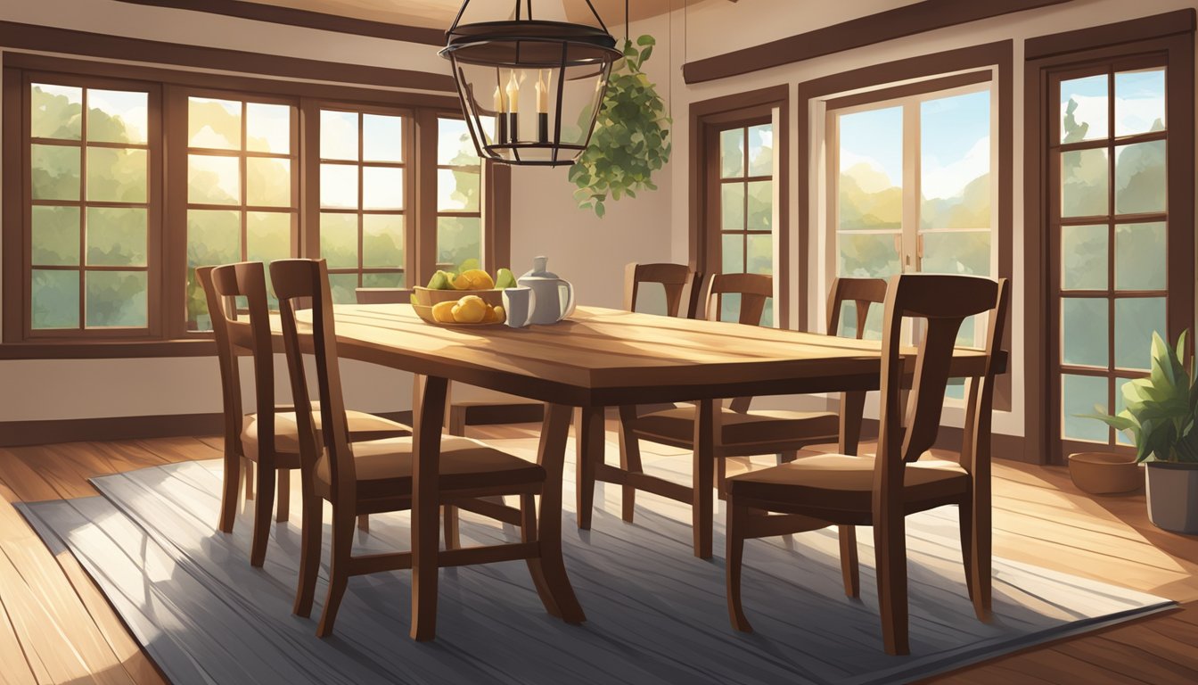 A cozy dining room with wooden chairs arranged around a rustic table. Soft natural light filters in through the window, casting a warm glow over the scene