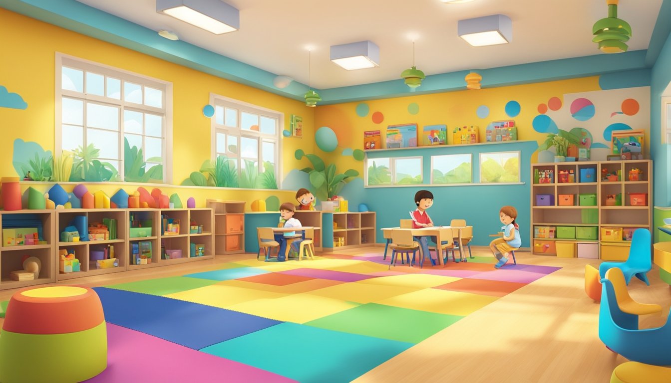 Children playing and learning in a colorful and vibrant preschool classroom in Singapore