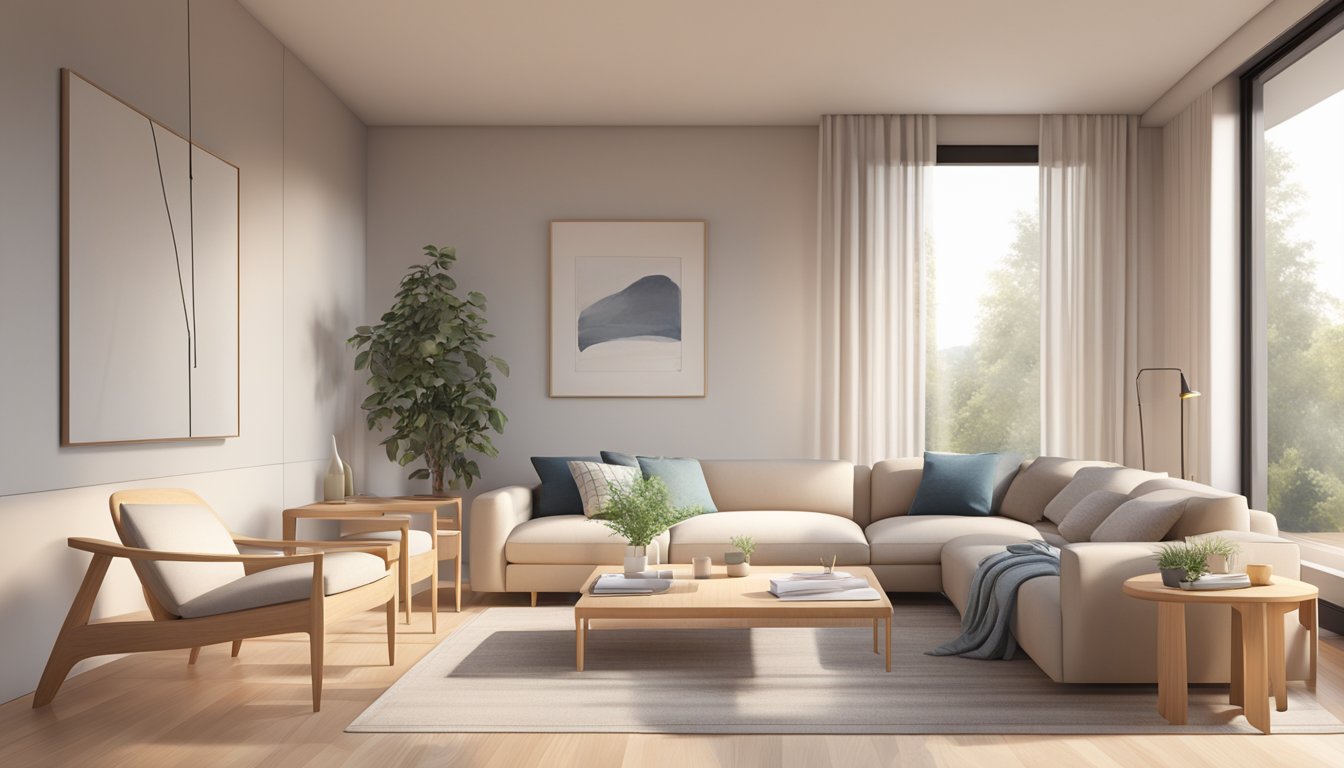 A sleek, minimalist living room with light wood furniture, clean lines, and cozy textiles. A large window lets in natural light, illuminating the space