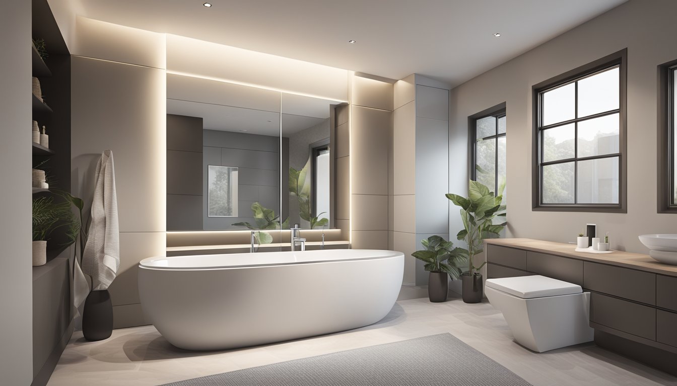 A bathroom with a modern, sleek design. A new, stylish toilet with a dual flush system. Bright lighting and neutral colors create a clean, inviting space