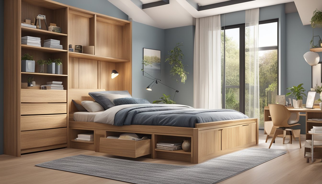 A bedroom with a wooden bed frame featuring built-in storage compartments for enhanced functionality