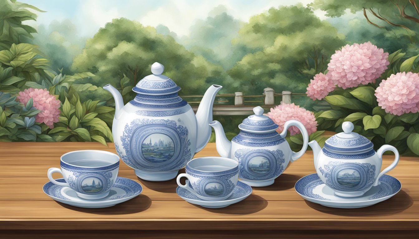 A porcelain tea set arranged on a wooden table in a Singaporean garden. The teapot, cups, and saucers are delicately decorated with traditional Singaporean motifs