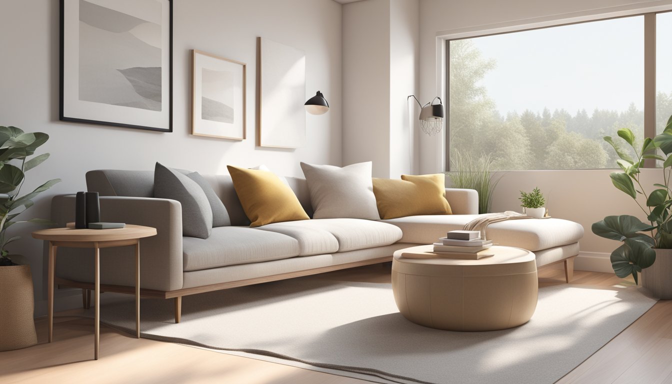 A minimalist living room with clean lines, neutral colors, and natural materials. A cozy reading nook with a sleek armchair and a simple, elegant coffee table. A large window lets in plenty of natural light, creating a bright and airy atmosphere