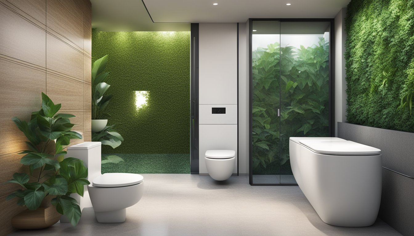 A sleek, modern toilet with a built-in bidet, surrounded by lush green plants and soft, ambient lighting. The walls are adorned with colorful, mosaic tiles, and a large window allows natural light to pour in