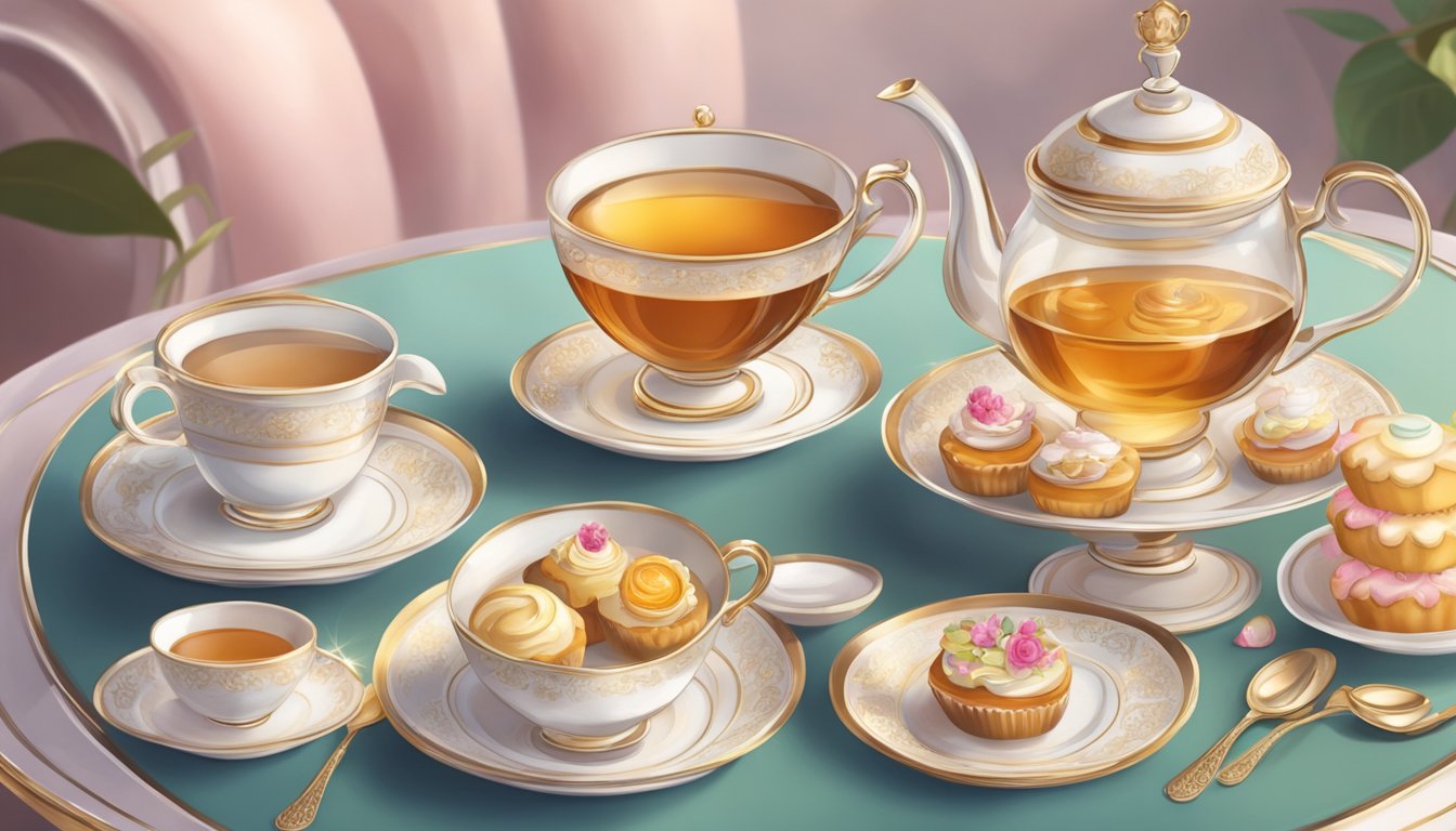 A table adorned with a delicate tea set, surrounded by dainty pastries and elegant teacups, set against a backdrop of a cozy and luxurious setting