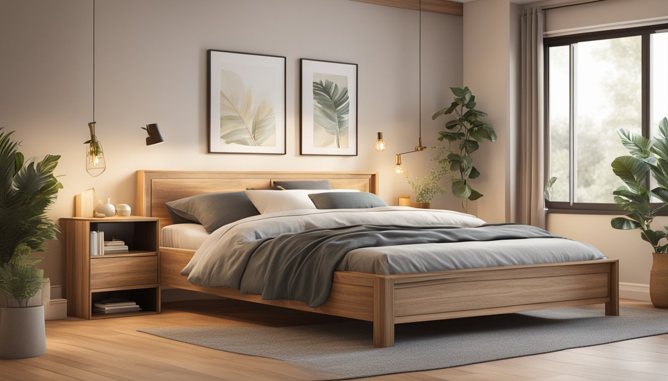 A wooden bed frame with built-in storage compartments, surrounded by a cozy bedroom setting with soft lighting and neutral tones