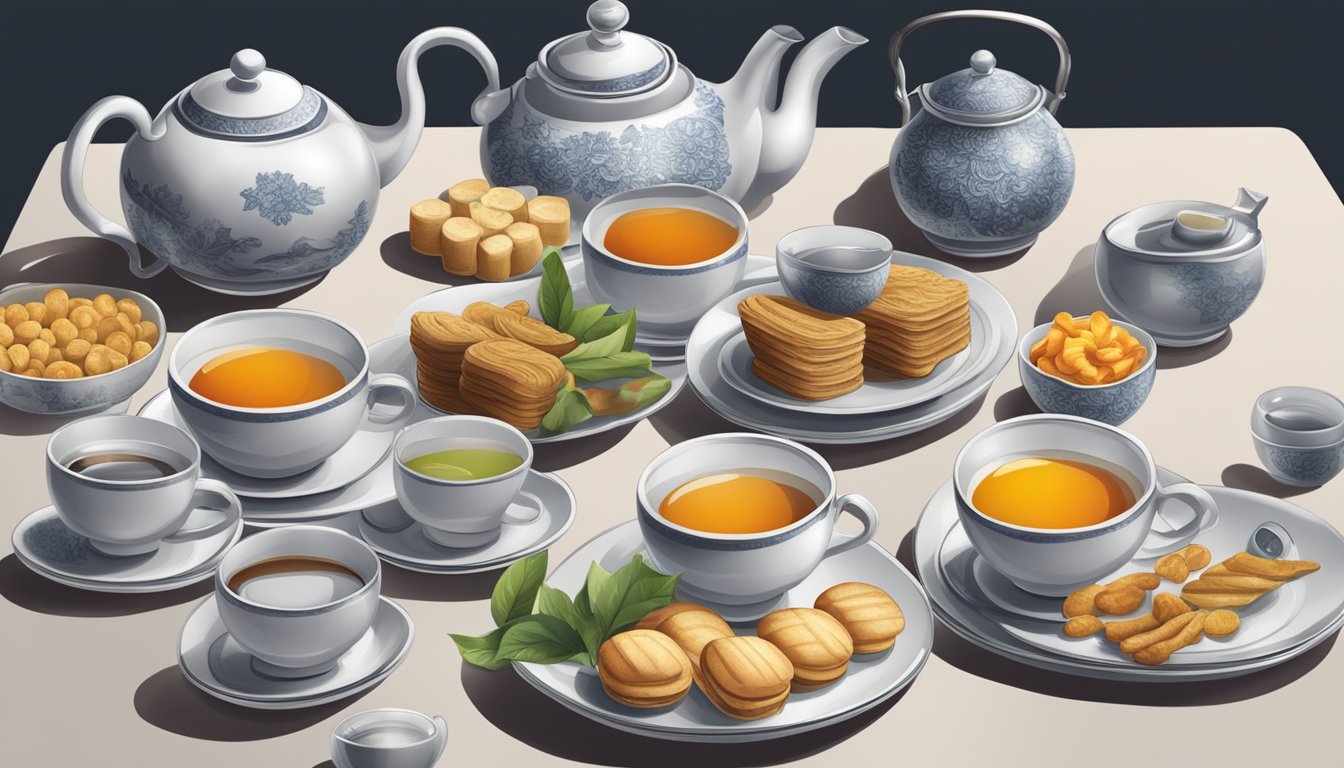 A table with a neatly arranged tea set in Singapore, with cups, saucers, teapot, and a small plate of snacks