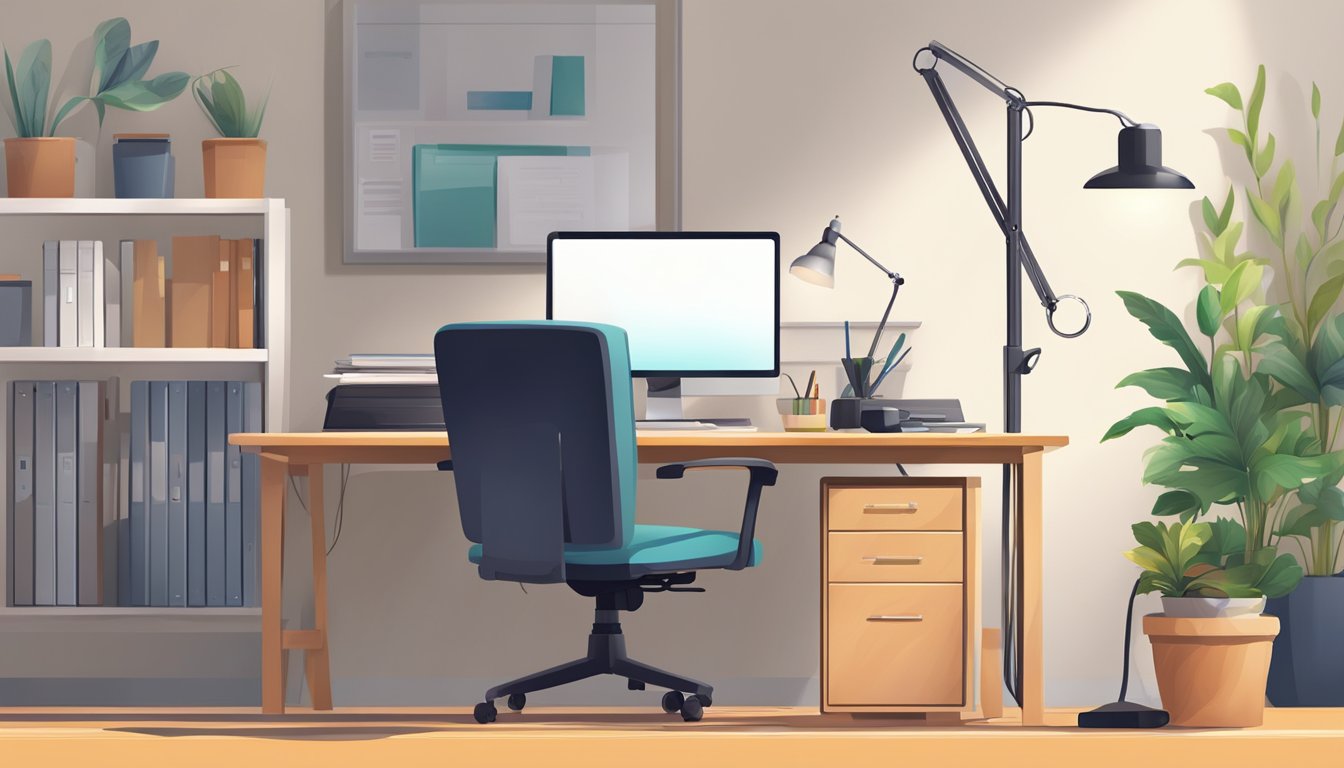 An office PC table with a desktop computer, keyboard, mouse, and notepad. A chair is pulled up to the table, and a desk lamp illuminates the workspace