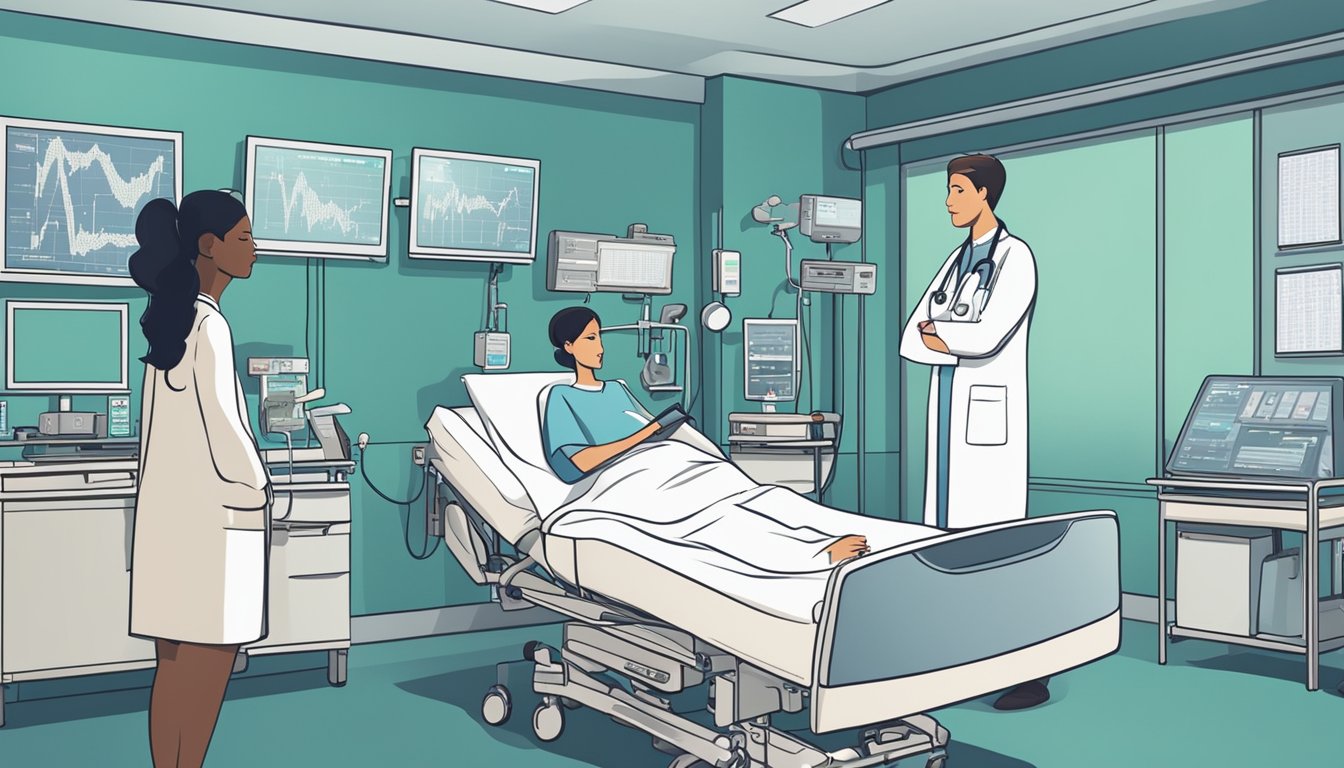 Medical equipment surrounds a patient's bed, with charts and monitors displaying vital signs. A doctor and nurse confer, discussing the patient's prognosis