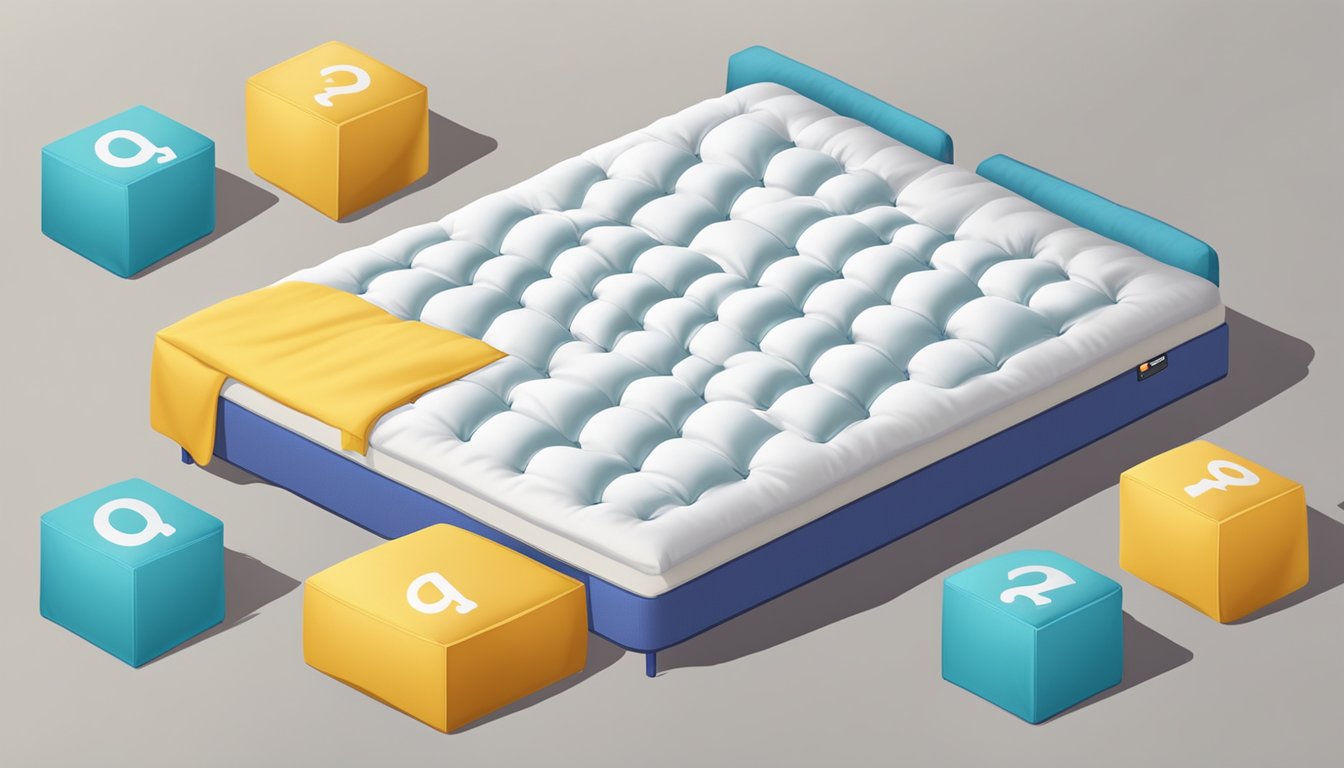 A double bed mattress with FAQ label, surrounded by question marks