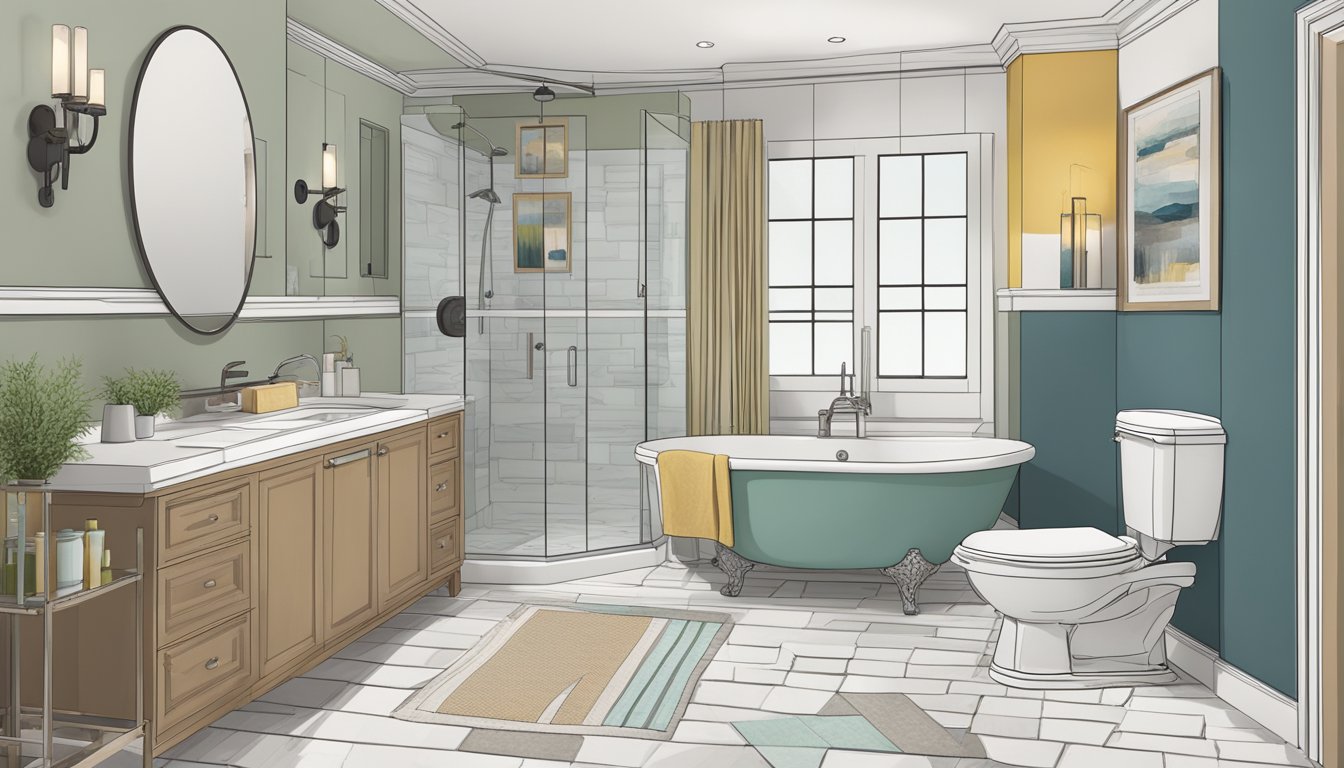 A bathroom with various renovation ideas pinned on the wall, including color swatches, tile samples, and fixture options