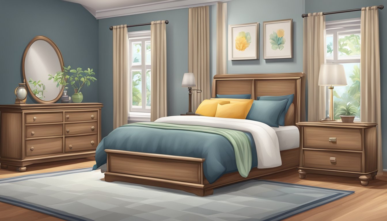 A bed with a headboard, nightstand with lamp, dresser with mirror, and a comfortable chair in the corner