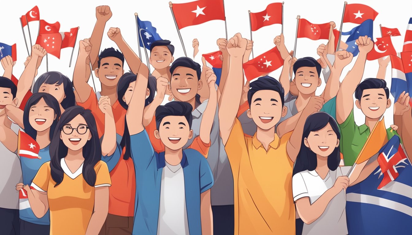 A group of people in Singapore cheering and waving flags for their favorite team