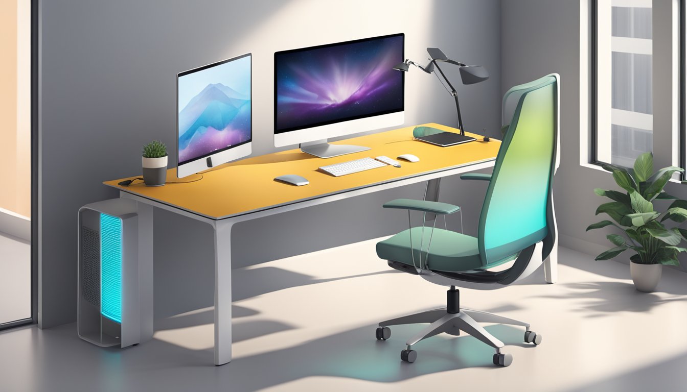 A sleek, modern PC table with adjustable height and integrated cable management, featuring a minimalist design and ergonomic features